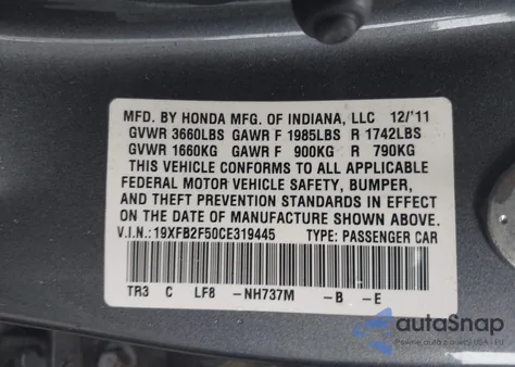 2012 Honda Civic Lx из США, поврежденный, VIN 19XFB2F50CE319445